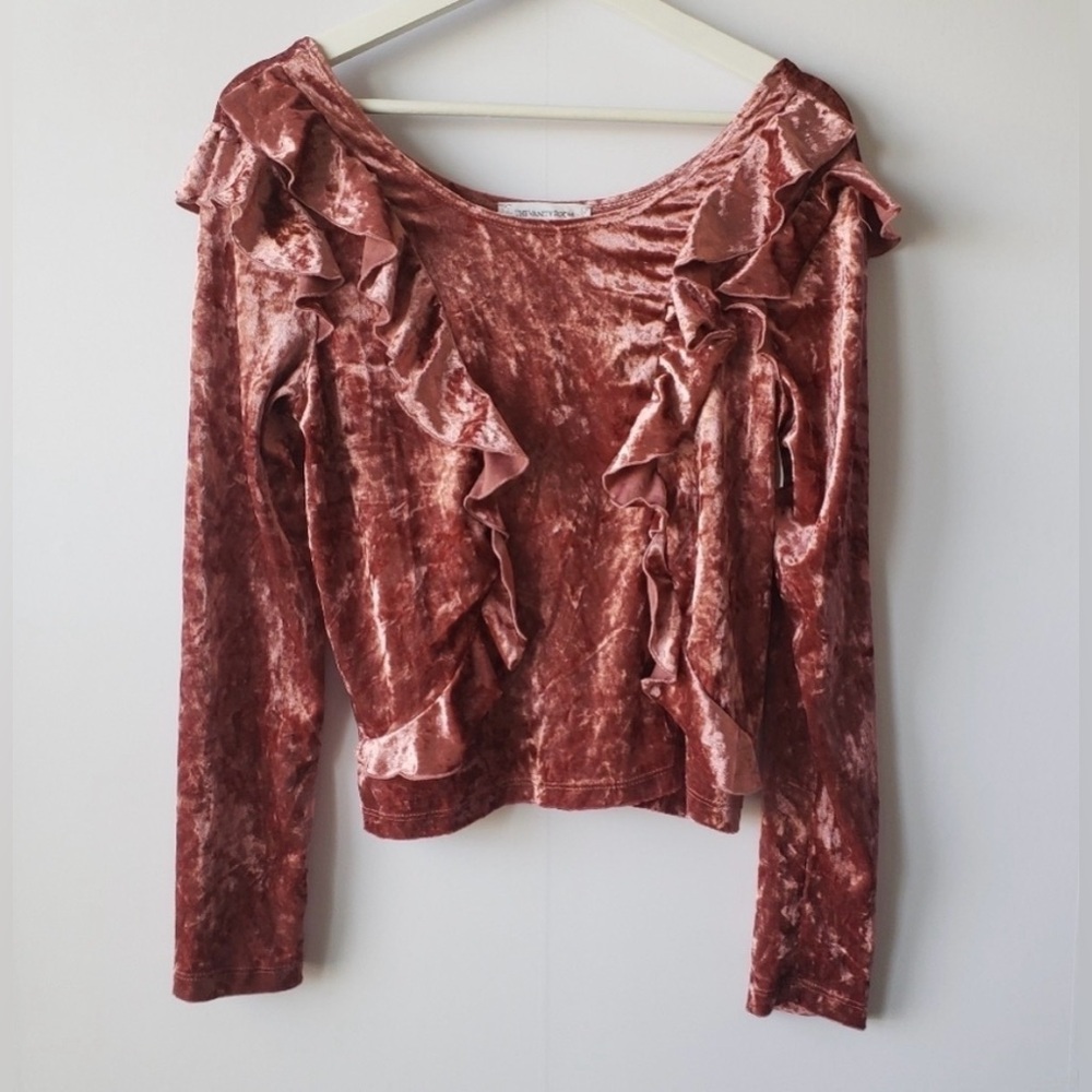 VANITY ROOM Crushed Velvet Ruffle Top - Pink/Mauve, Size: Small, EUC (PM-33)
